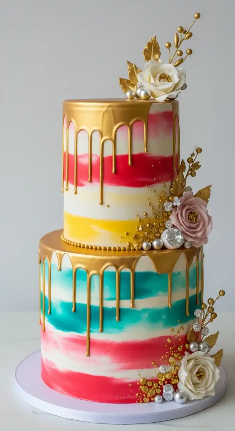 Shimmer & Shine: 19 Gold Wedding Cake Ideas for a Magical Day 21 18. Gold Drip with Color Pop Cake