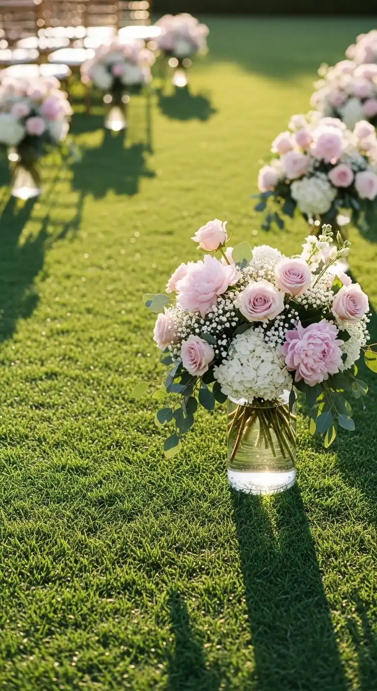 20 Pink Wedding Ceremony Ideas That Feel Elegant and Timeless 21 18. Pink Floral Aisle Markers