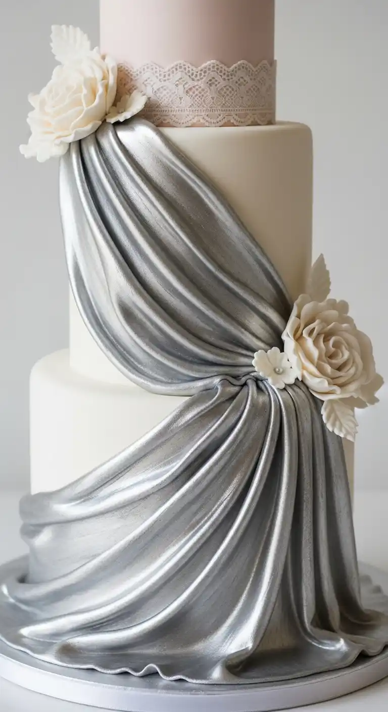19 Elegant Silver Wedding Cake Ideas to Wow Your Guests 21 18. Silver Draped Fondant Cake