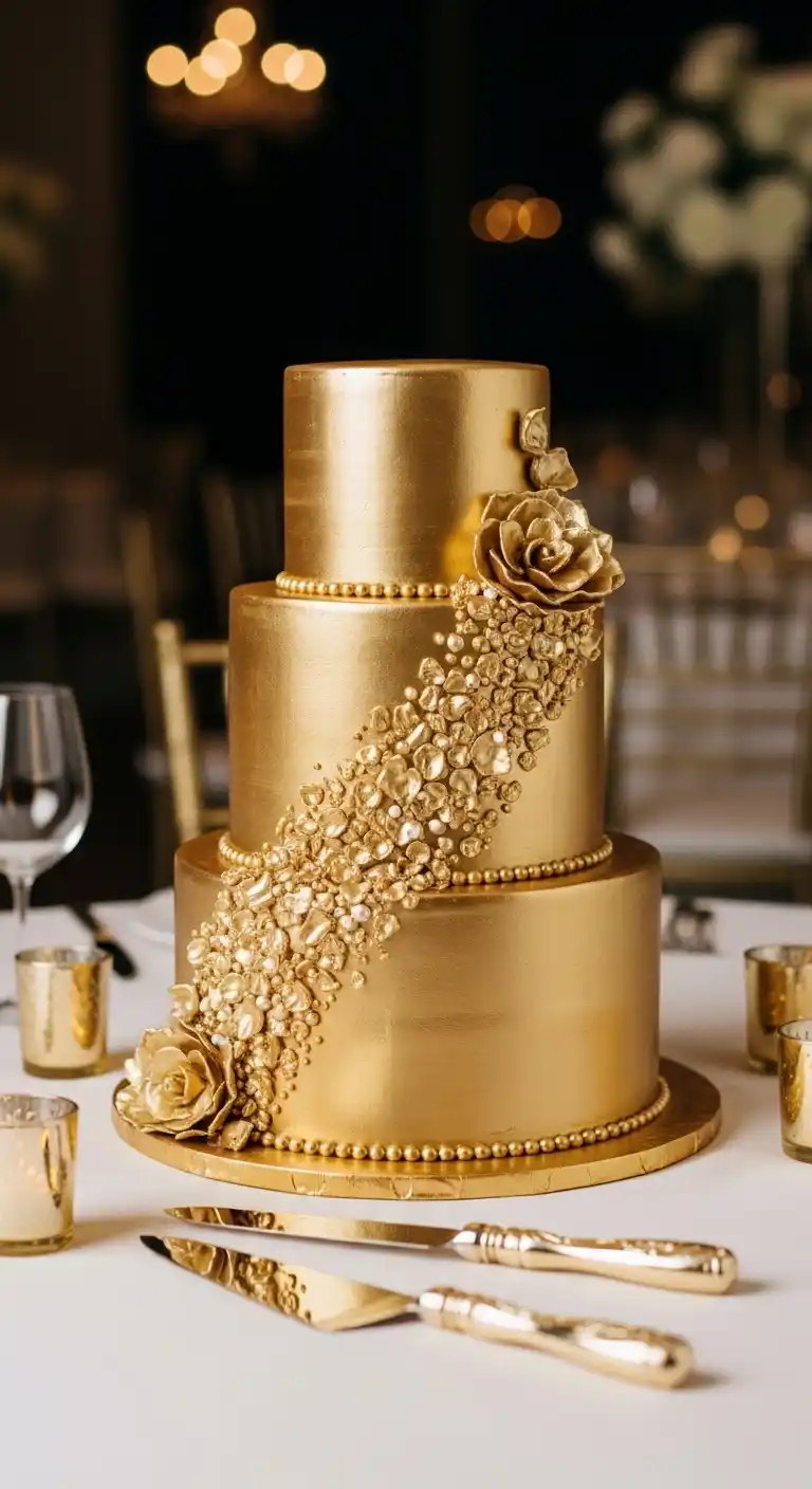 Shimmer & Shine: 19 Gold Wedding Cake Ideas for a Magical Day 22 19. All-Gold Metallic Cake