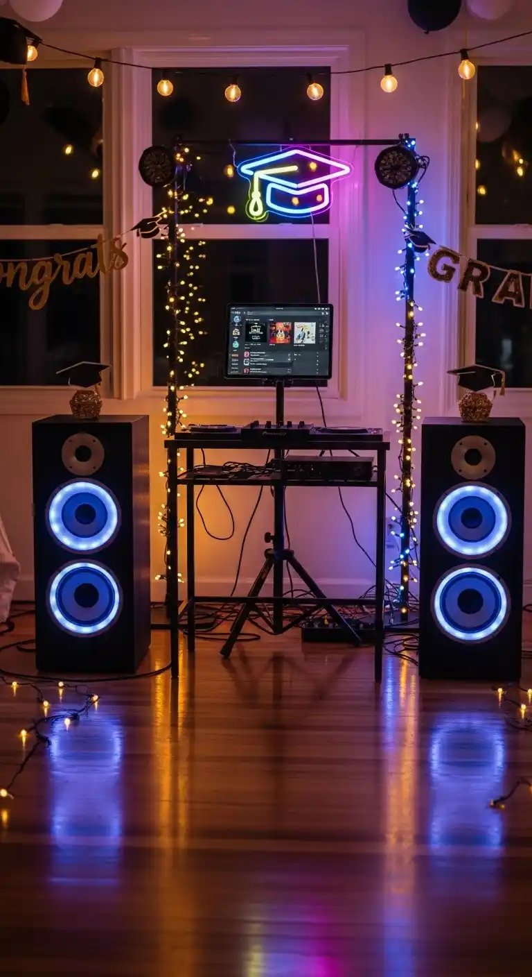 21 Graduation Party Set Up Ideas That Are Fun and Stylish 23 19. Music Playlist Setup for Party Vibes