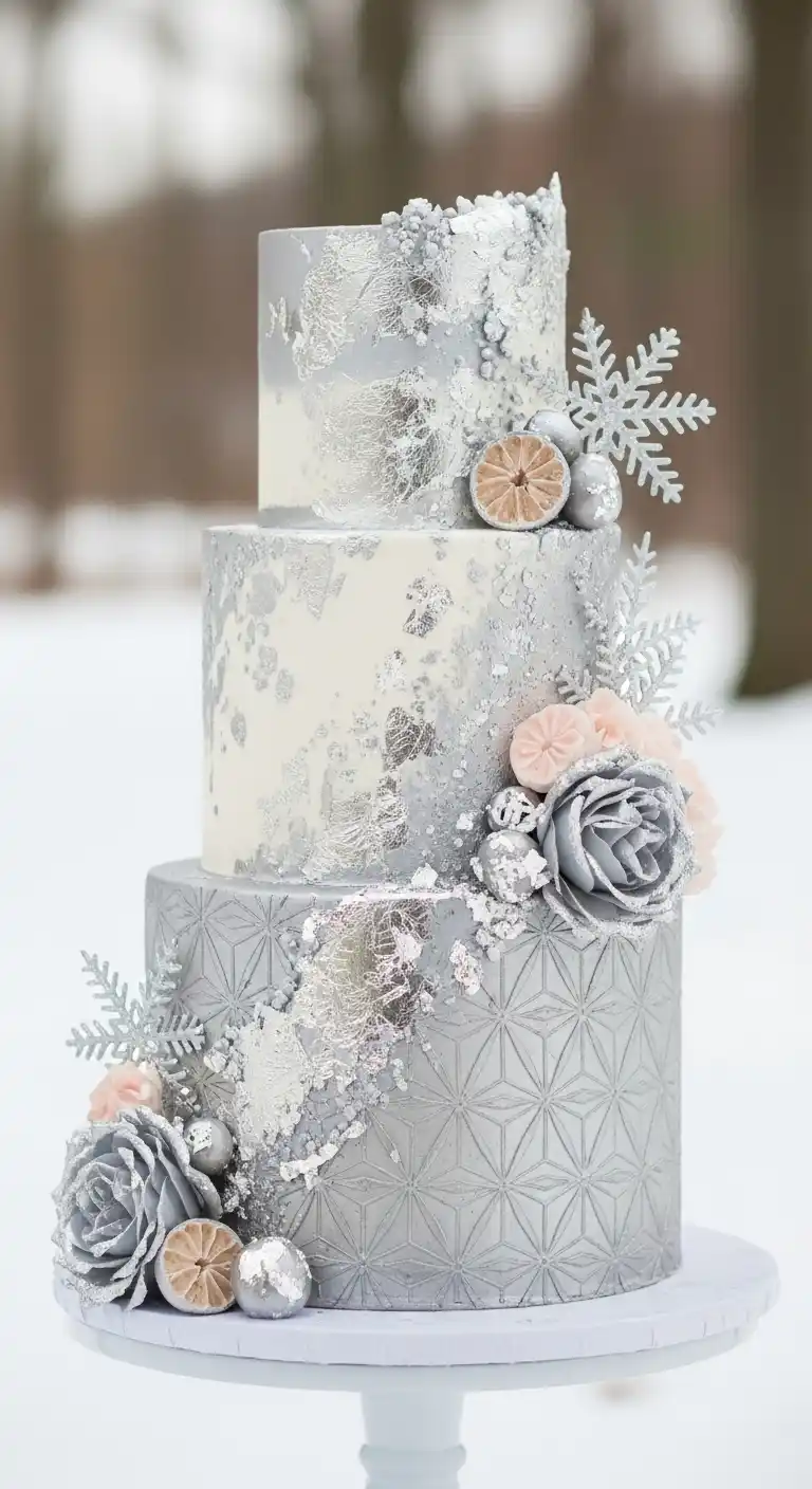 19 Elegant Silver Wedding Cake Ideas to Wow Your Guests 22 19. Silver-Themed Seasonal Cake