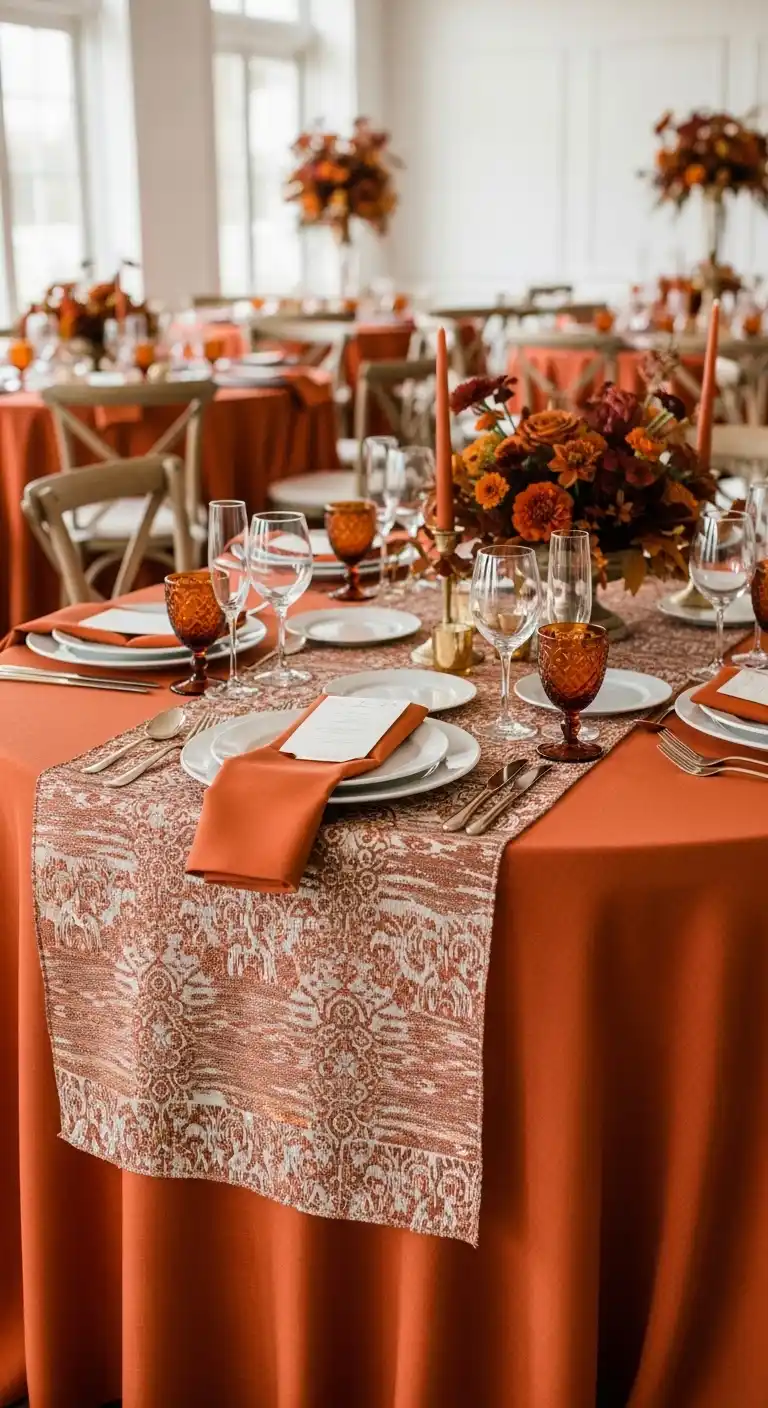17 Stunning Burnt Orange Wedding Reception Ideas 6 2. Elegant Burnt Orange Table Linens and Runners