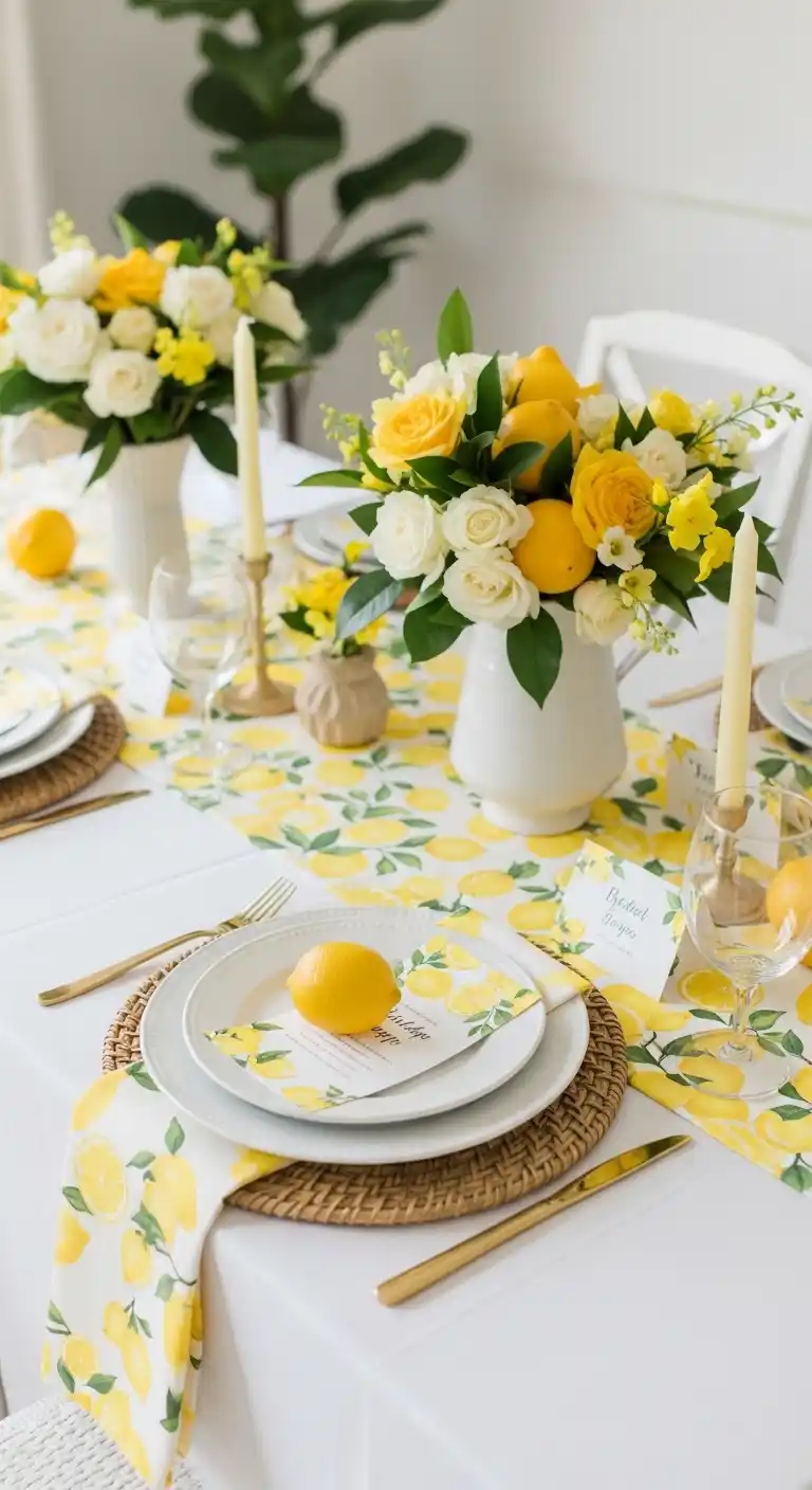 17 Yellow Bridal Shower Ideas for a Radiant Party 6 2. Lemon-Themed Yellow Bridal Shower Tablescape