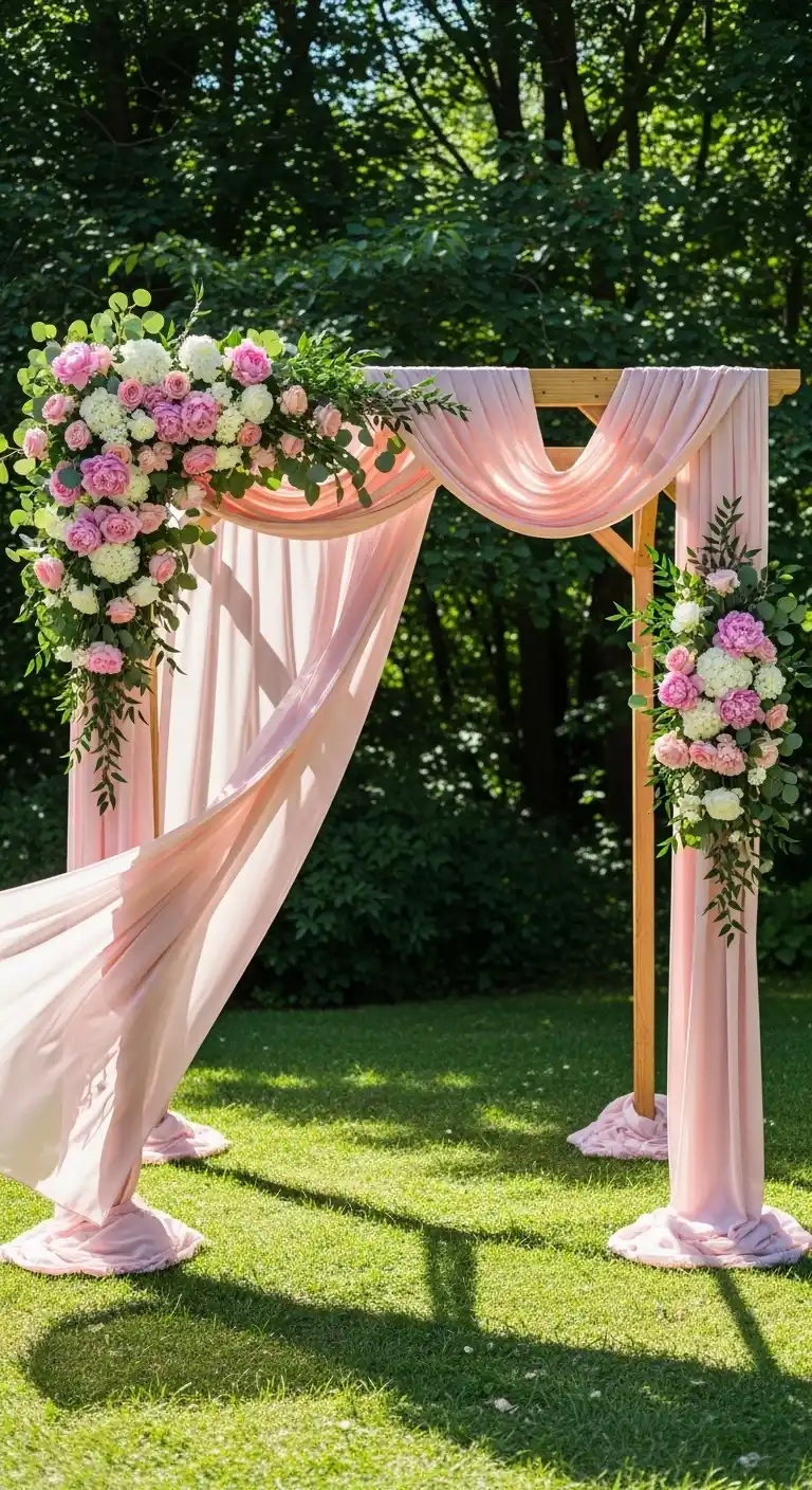 20 Pink Wedding Ceremony Ideas That Feel Elegant and Timeless 5 2. Pink Wedding Arch with Flowing Drapery