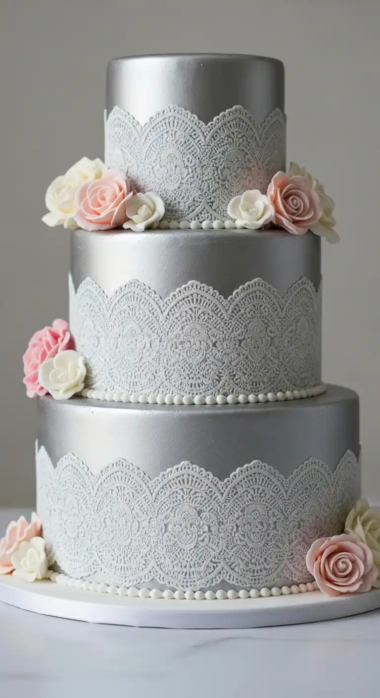 19 Elegant Silver Wedding Cake Ideas to Wow Your Guests 5 2. Vintage Lace Silver Cake