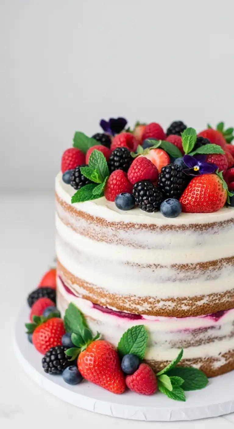 Engagement Party Cake Styles That Wow 7 3. Naked Cake with Fresh Berries and Greenery