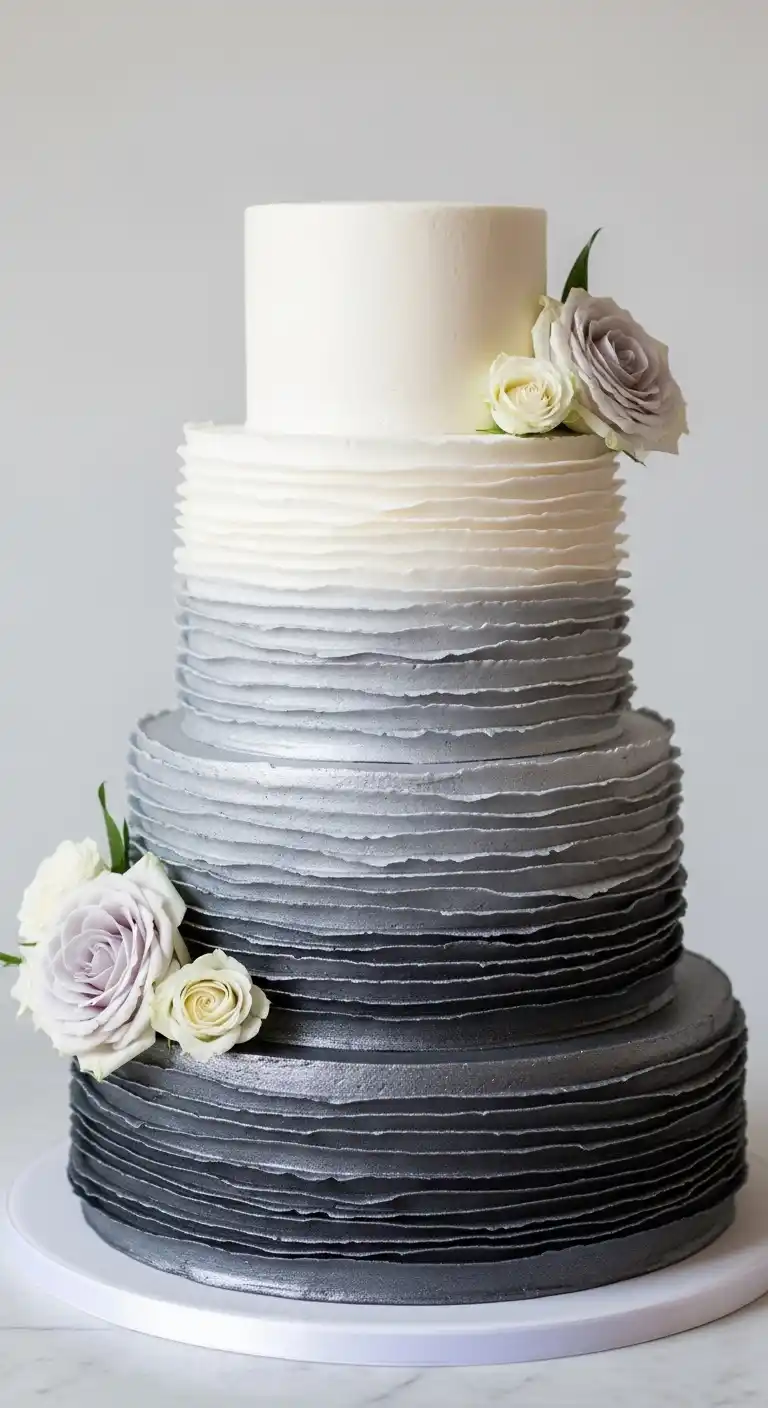 19 Elegant Silver Wedding Cake Ideas to Wow Your Guests 6 3. Silver Ombre Ruffles Cake