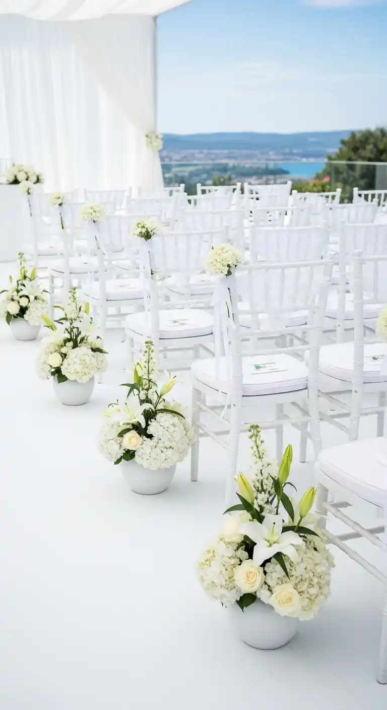 17 Classic White Wedding Ideas You’ll Always Love 7 3. White-On-White Ceremony Seating Arrangements