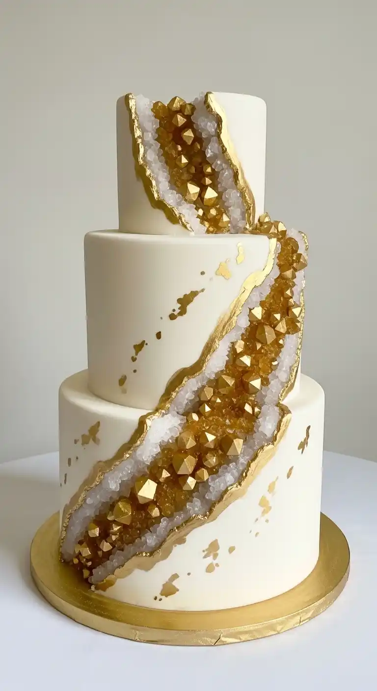 Shimmer & Shine: 19 Gold Wedding Cake Ideas for a Magical Day 6 3. White and Gold Geode Cake