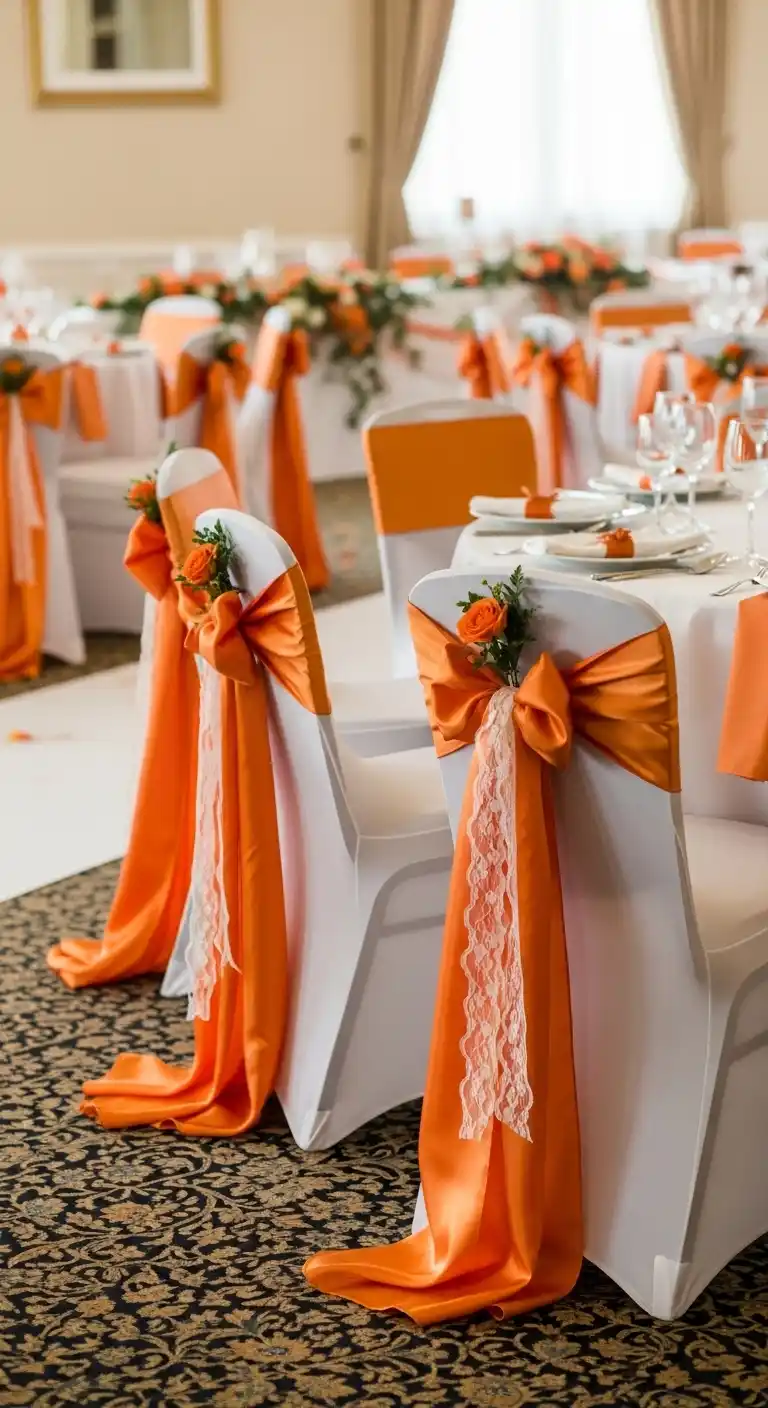 17 Stunning Burnt Orange Wedding Reception Ideas 8 4. Burnt Orange Accent Chair Sashes and Decor