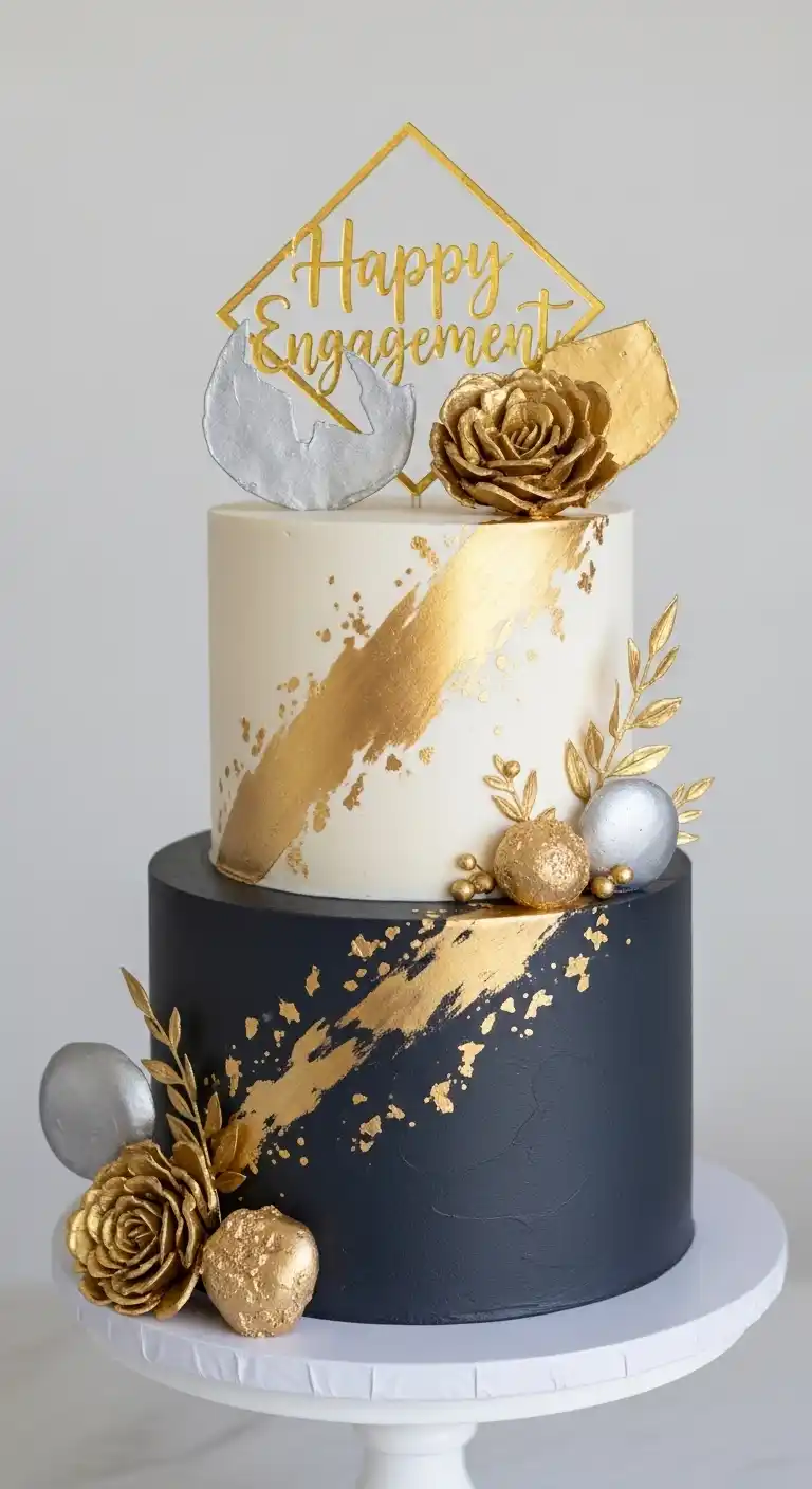 Engagement Party Cake Styles That Wow 8 4. Metallic Gold or Silver Accented Cake