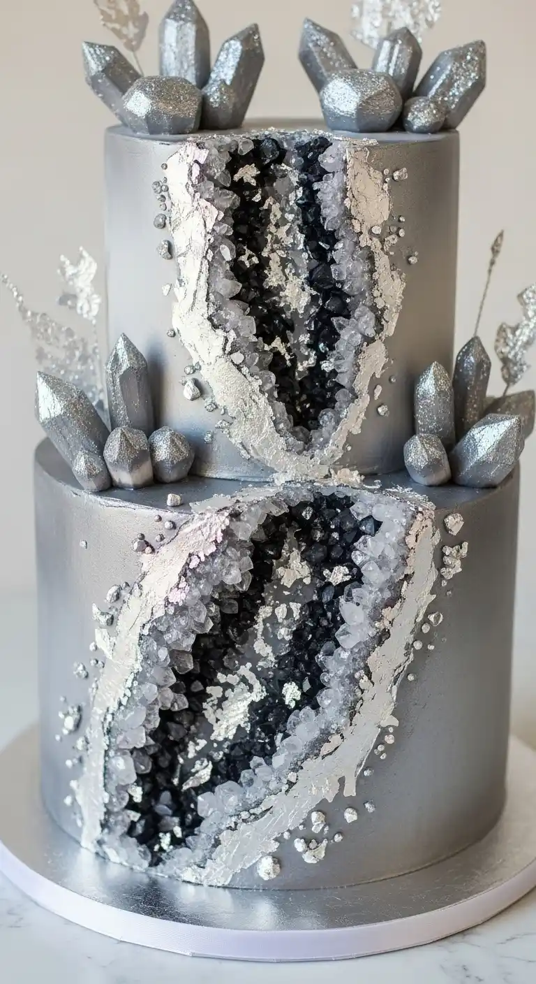 19 Elegant Silver Wedding Cake Ideas to Wow Your Guests 7 4. Metallic Silver Geode Cake
