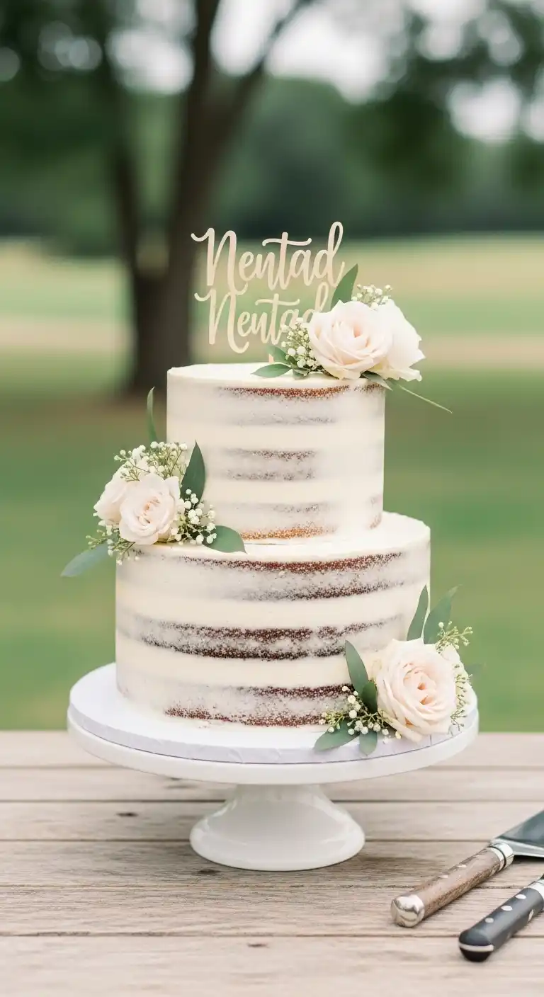 17 Neutral Wedding Cake Designs for a Timeless Look 7 4. Semi-Naked Neutral Wedding Cake Design with Natural Charm