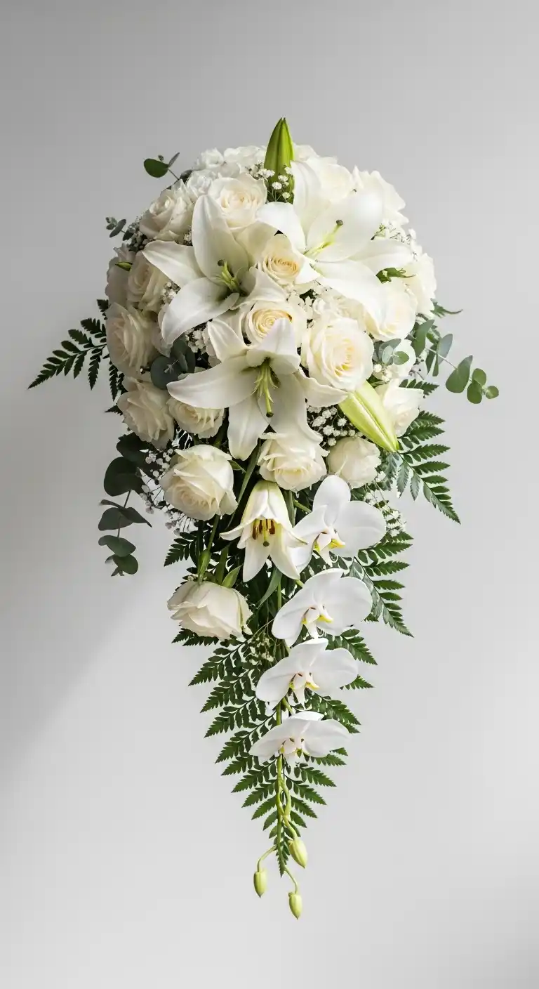 17 Gorgeous White Wedding Bouquets to Inspire 9 5. Cascading White Wedding Bouquets for Dramatic Elegance