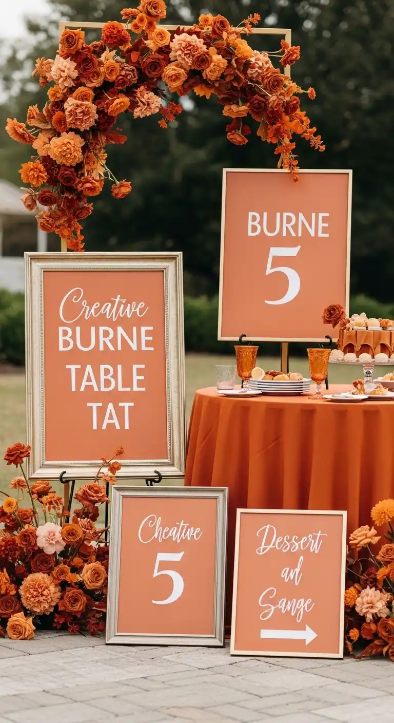 17 Stunning Burnt Orange Wedding Reception Ideas 9 5. Creative Burnt Orange Table Numbers and Signage