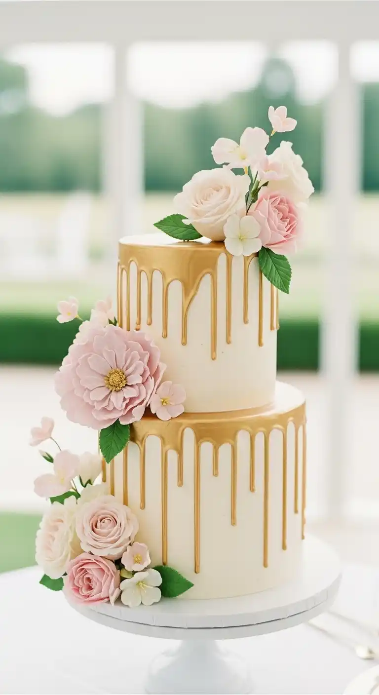 Shimmer & Shine: 19 Gold Wedding Cake Ideas for a Magical Day 8 5. Floral Gold Drip Cake