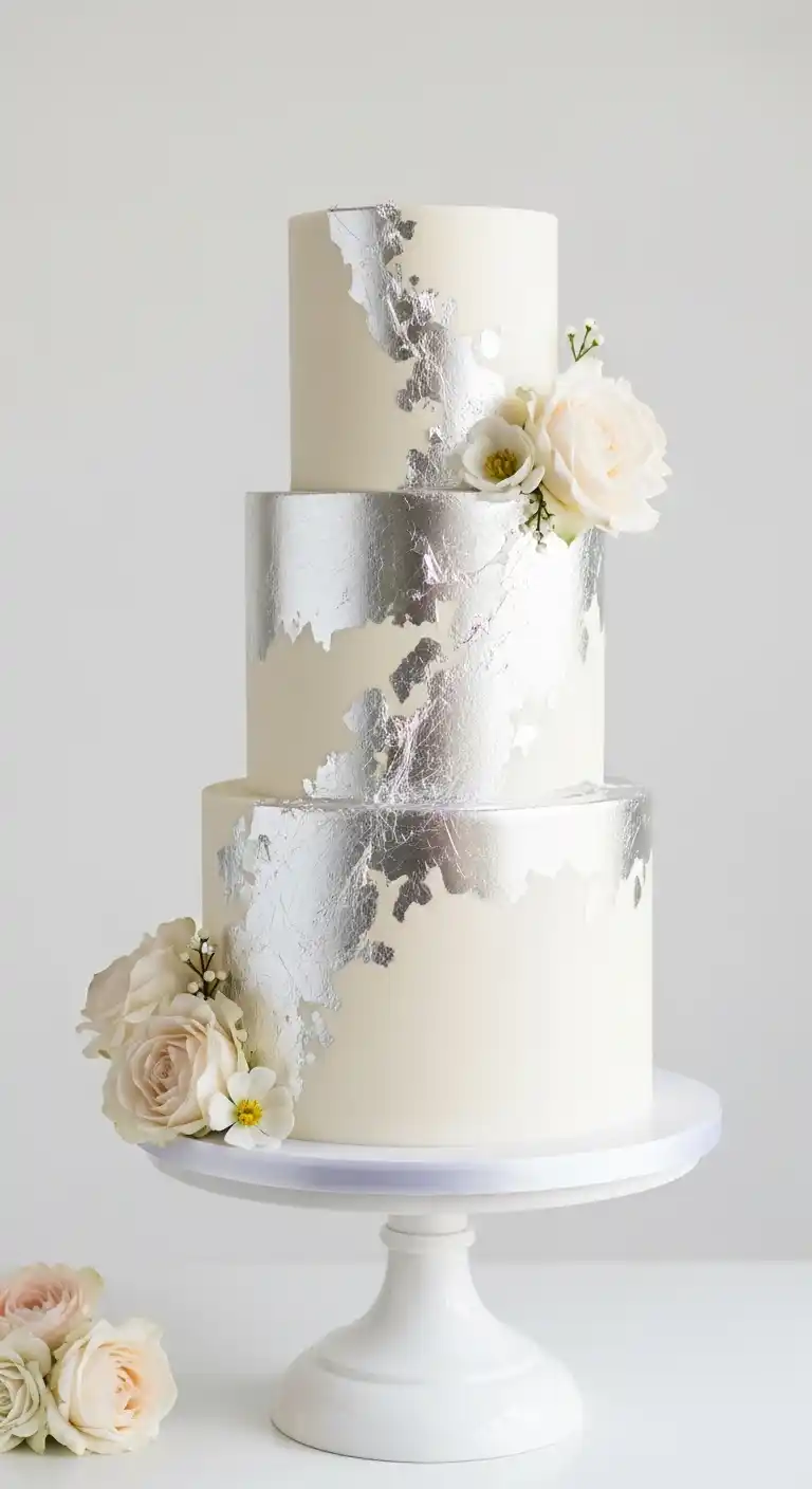 19 Elegant Silver Wedding Cake Ideas to Wow Your Guests 8 5. Minimalist Silver Leaf Cake