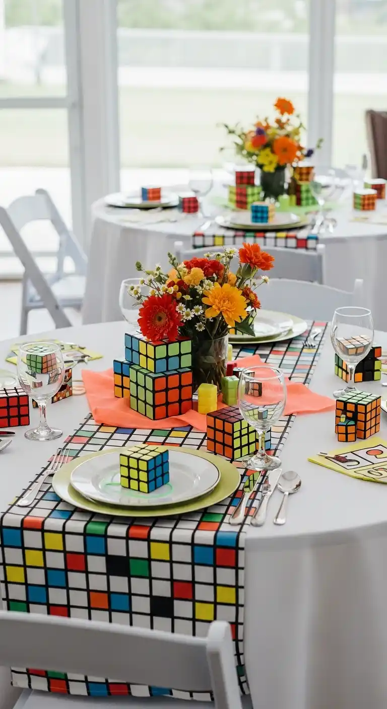 Bright & Bold: Bridal Shower 80s Theme Ideas 9 5. Rubik’s Cube-Themed Table Decor