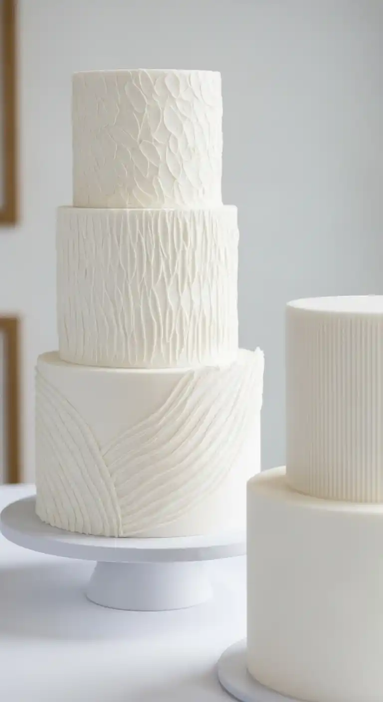 17 Neutral Wedding Cake Designs for a Timeless Look 8 5. Textured White Neutral Wedding Cake Designs with Modern Appeal
