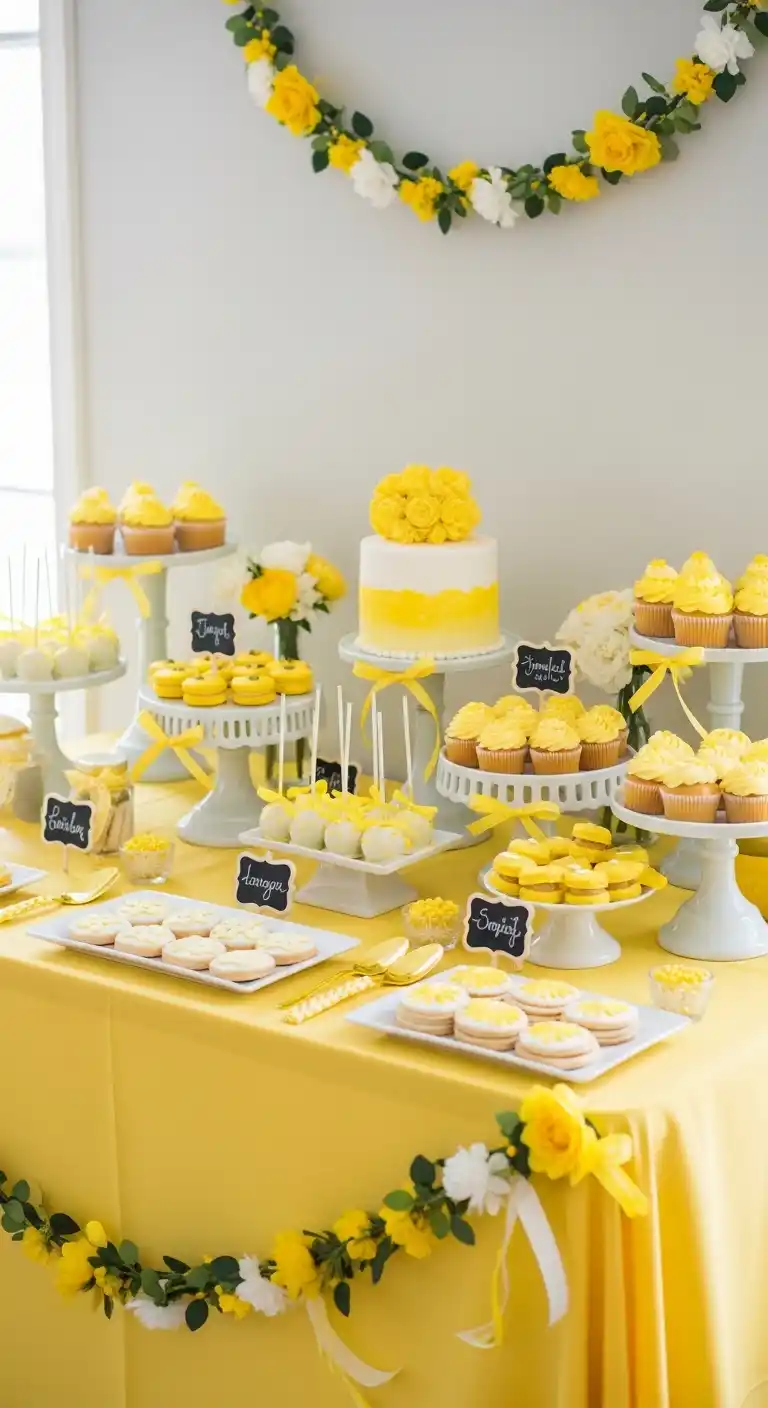 17 Stylish Yellow Bridal Shower Inspiration 10 6. Bright Dessert Table Display