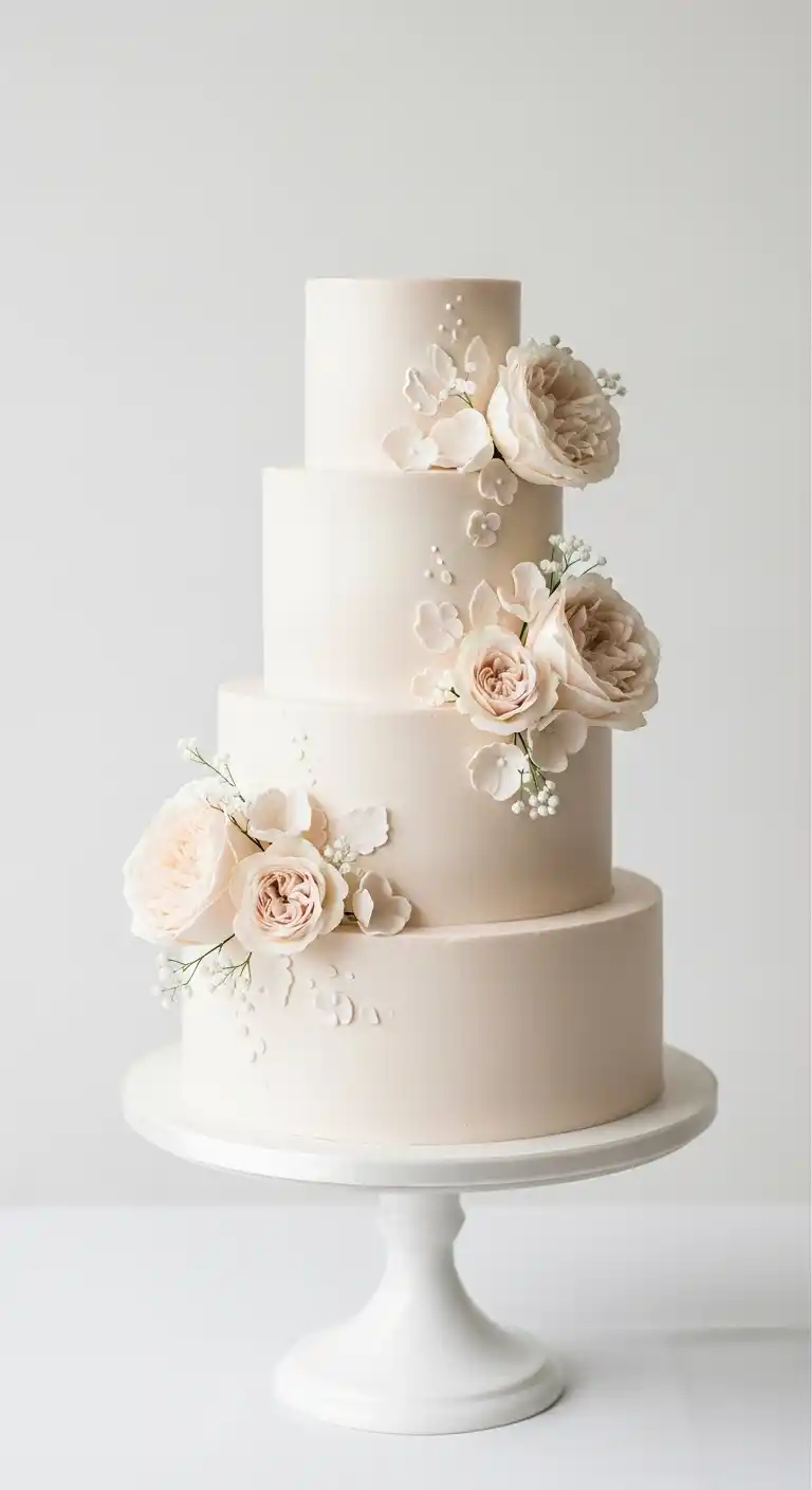 17 Neutral Wedding Cake Designs for a Timeless Look 9 6. Neutral Wedding Cake Designs with Subtle Floral Details