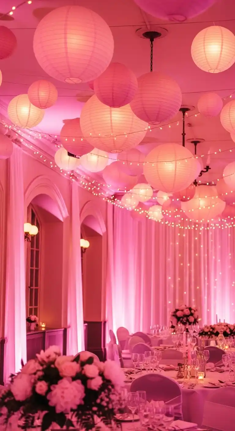 Every Bride Needs These 20 Pink Wedding Reception Ideas 9 6. Pink Lighting and Lanterns