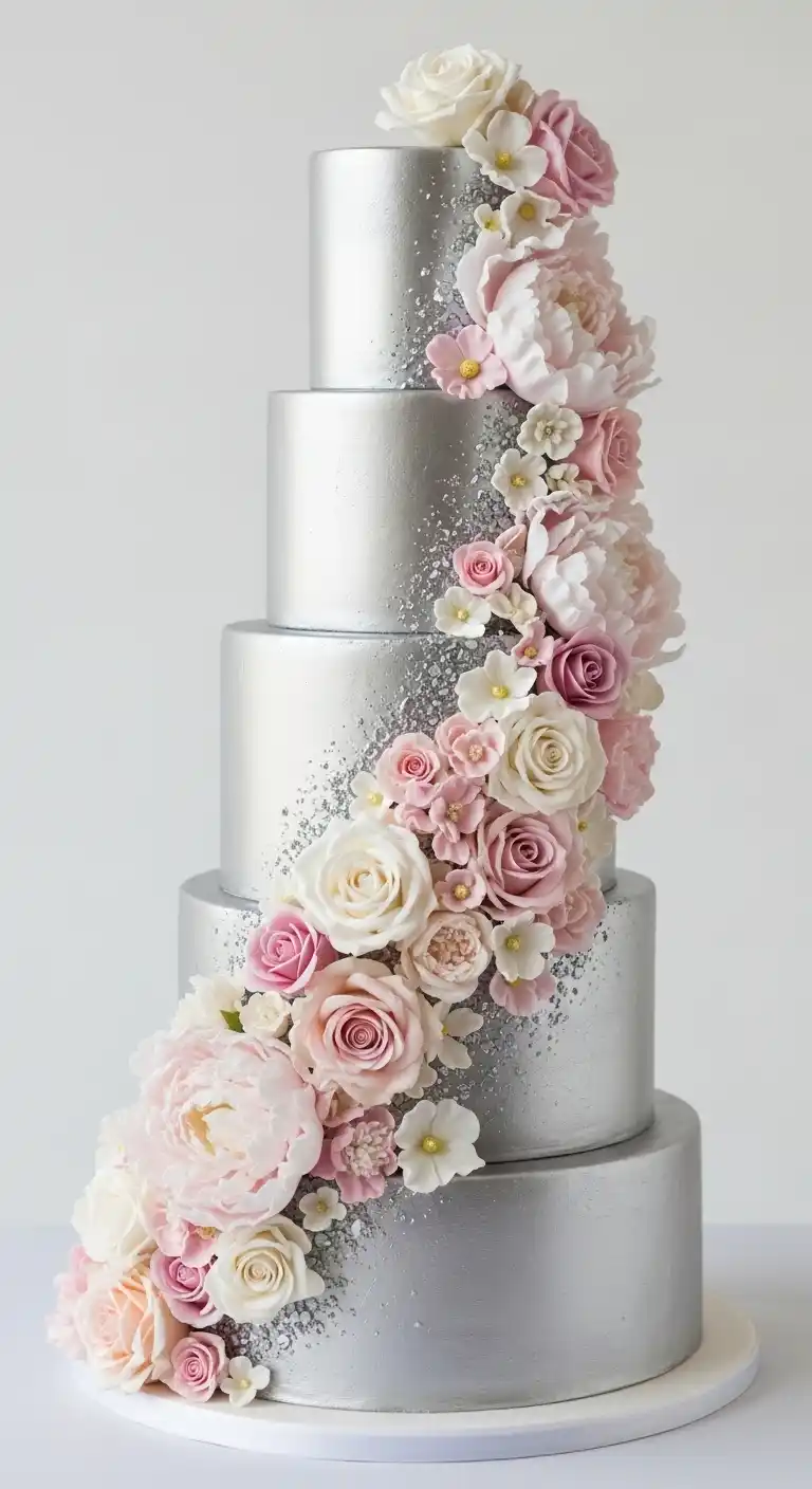 19 Elegant Silver Wedding Cake Ideas to Wow Your Guests 9 6. Silver Floral Cascade Cake