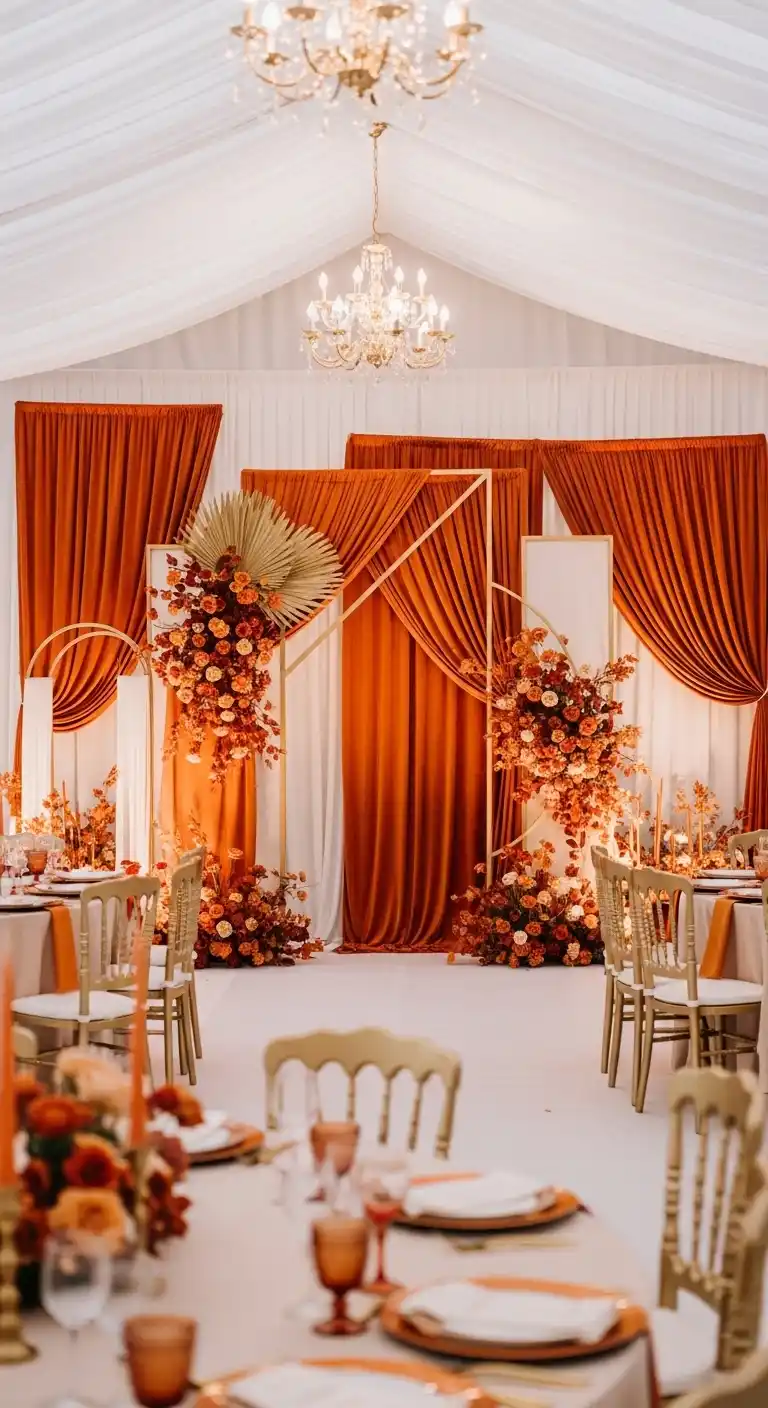 17 Stunning Burnt Orange Wedding Reception Ideas 10 6. Statement Burnt Orange Wedding Backdrops