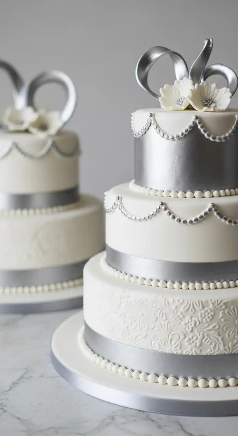 19 Elegant Silver Wedding Cake Ideas to Wow Your Guests 10 7. Classic White and Silver Cake