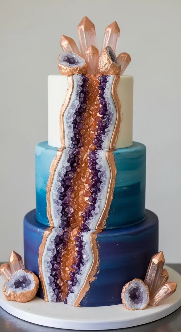Engagement Party Cake Styles That Wow 11 7. Geode-Inspired Cake with Crystal Accents