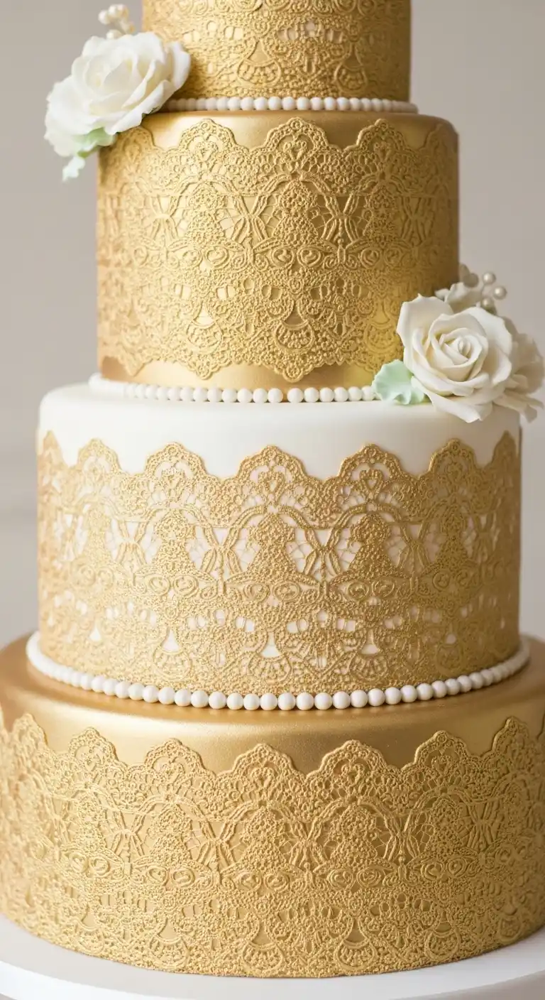 Shimmer & Shine: 19 Gold Wedding Cake Ideas for a Magical Day 10 7. Gold Lace Wedding Cake