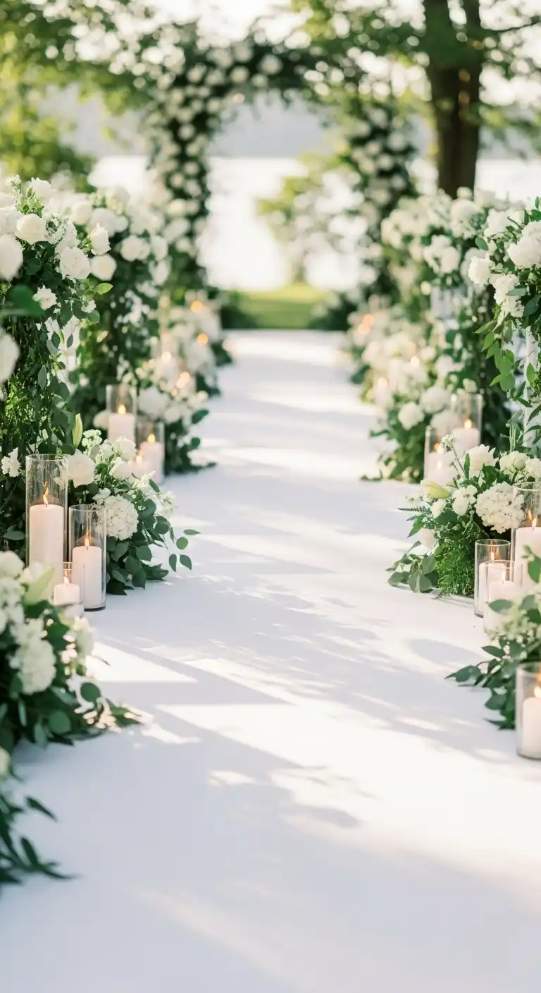 17 Classic White Wedding Ideas You’ll Always Love 11 7. Romantic White Ceremony Aisle Styling