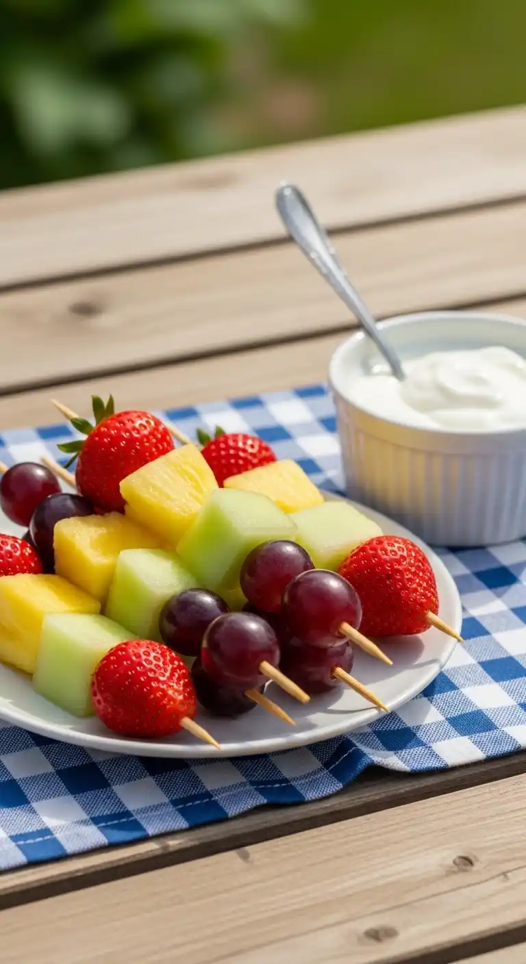 21 Graduation Party Lunch Ideas That Wow Your Crowd 12 8. Fruit Kabobs with Yogurt Dip