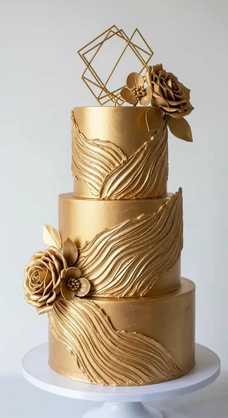 Shimmer & Shine: 19 Gold Wedding Cake Ideas for a Magical Day 11 8. Sculpted Gold Textured Cake