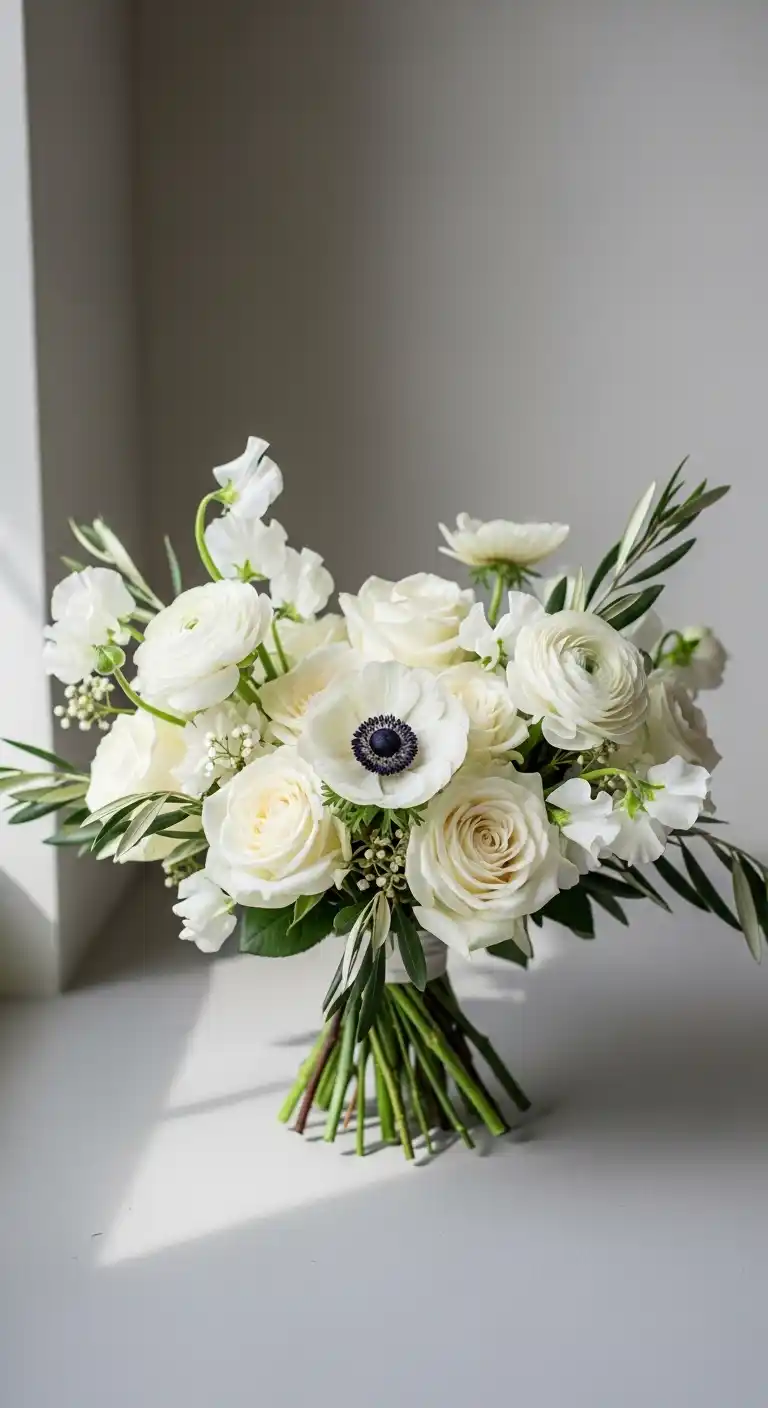 17 Gorgeous White Wedding Bouquets to Inspire 13 9. Anemone-Accented White Wedding Bouquets