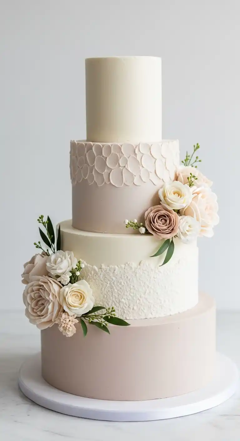 17 Neutral Wedding Cake Designs for a Timeless Look 12 9. Neutral Wedding Cake Designs with Layered Texture Play