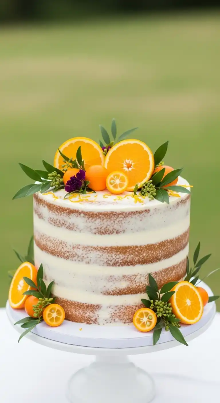Orange Wedding Cakes That Steal the Spotlight 13 9. Orange Semi-Naked Cake with Citrus Garnishes