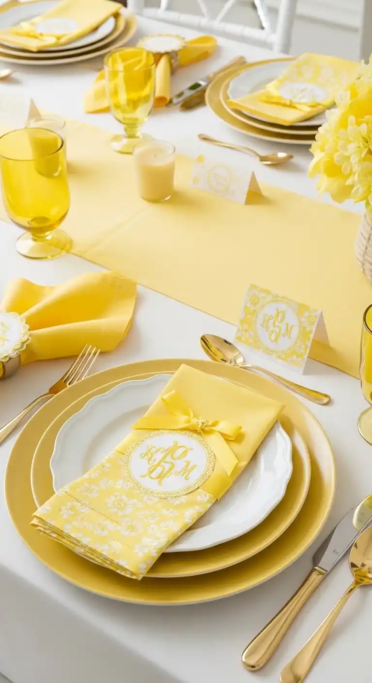 17 Stylish Yellow Bridal Shower Inspiration 13 9. Personalized Yellow Napkins and Tableware