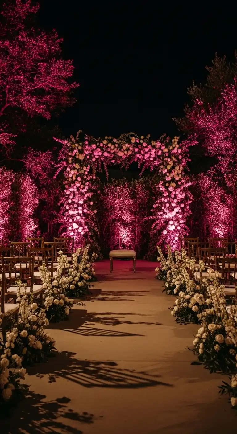 20 Pink Wedding Ceremony Ideas That Feel Elegant and Timeless 12 9. Soft Pink Ceremony Lighting Effects