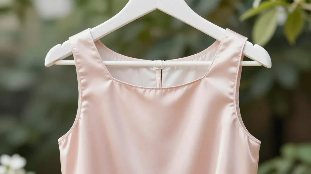 What to Wear to a Baby Shower Without Stressing the Vibe 2 Closeup of a pastel satin dress on a hanger, soft garden light
