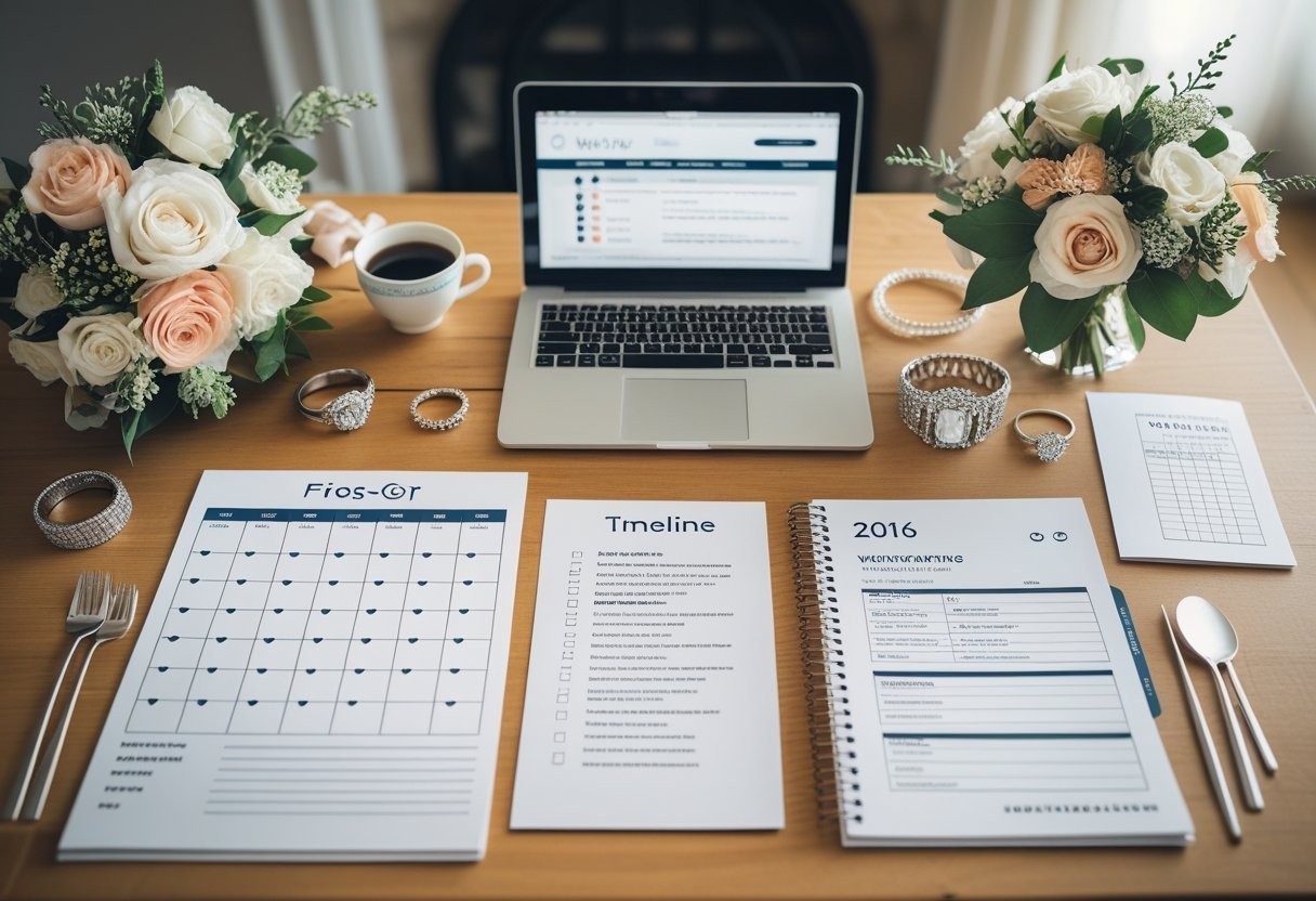 How Long Does Wedding Planning Take: Timelines, Milestones, and Realistic Expectations 2 A wedding planning timeline with calendar, checklist, laptop, coffee cup, and wedding items arranged on a wooden table.