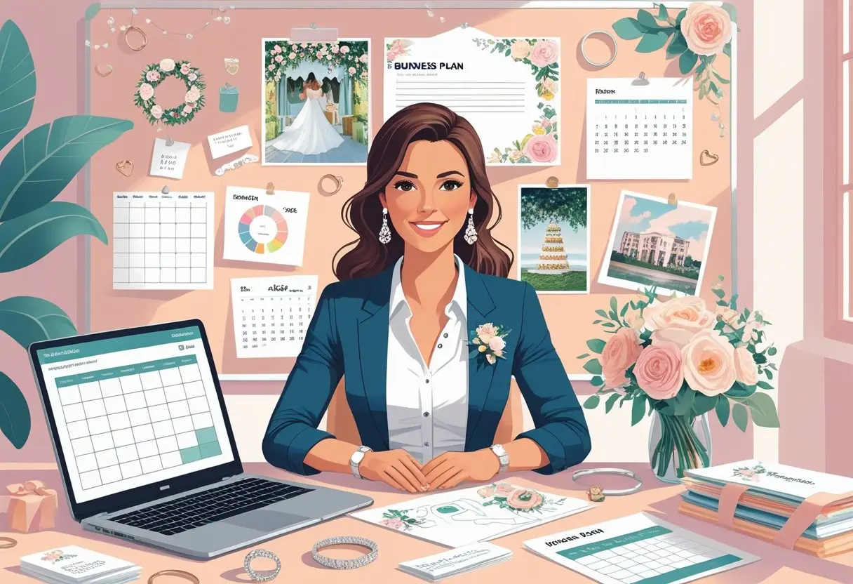 A businesswoman at a desk with wedding planning materials including a calendar, budget sheets, sketches, and a laptop, with a vision board of wedding images behind her.