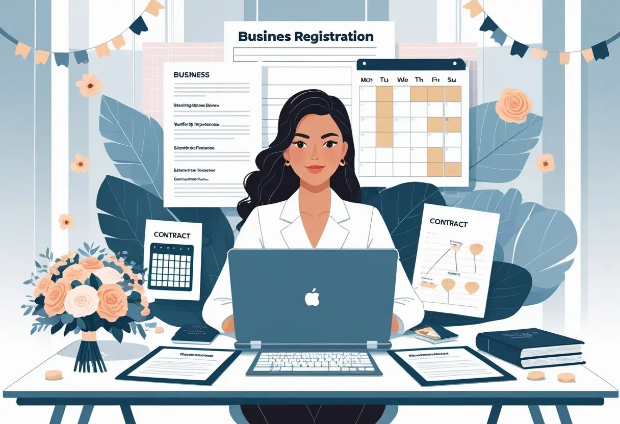 A businesswoman at a desk with documents, a laptop, and wedding-related items, preparing to register and organize a wedding planning business.